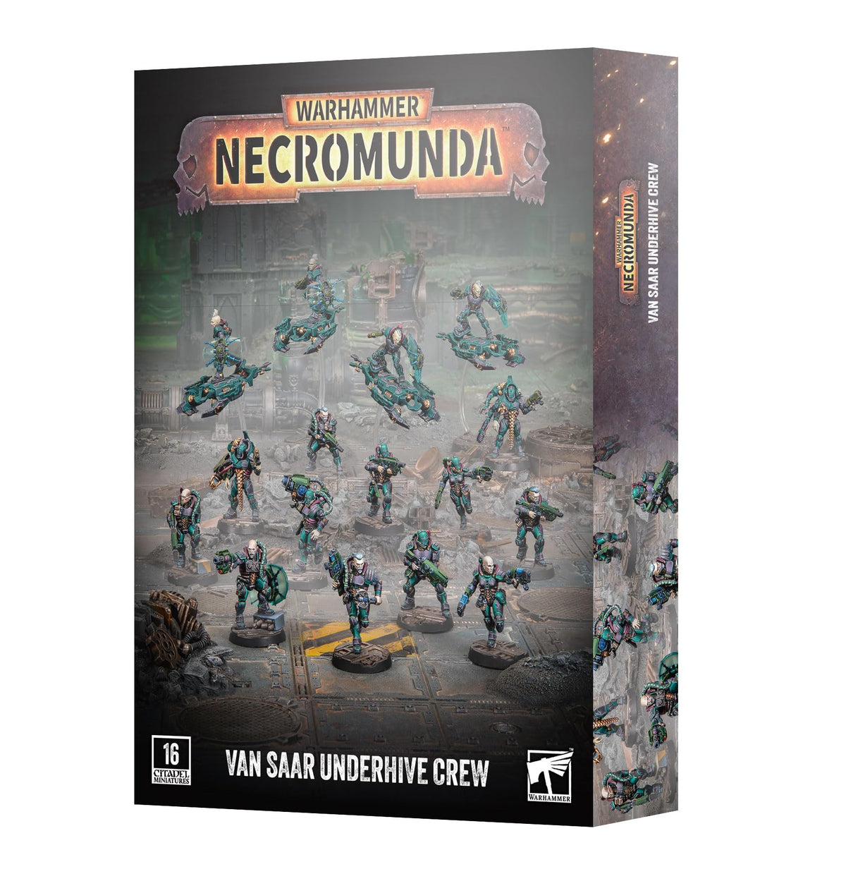 Warhammer Necromunda Van SAAR Underhive Crew – 16 Plastic Miniatures Starter Gang with Weapons & Upgrades, Gang Fighters, Archeoteks & Grav-Cutters, Unpainted House Van SAAR Set