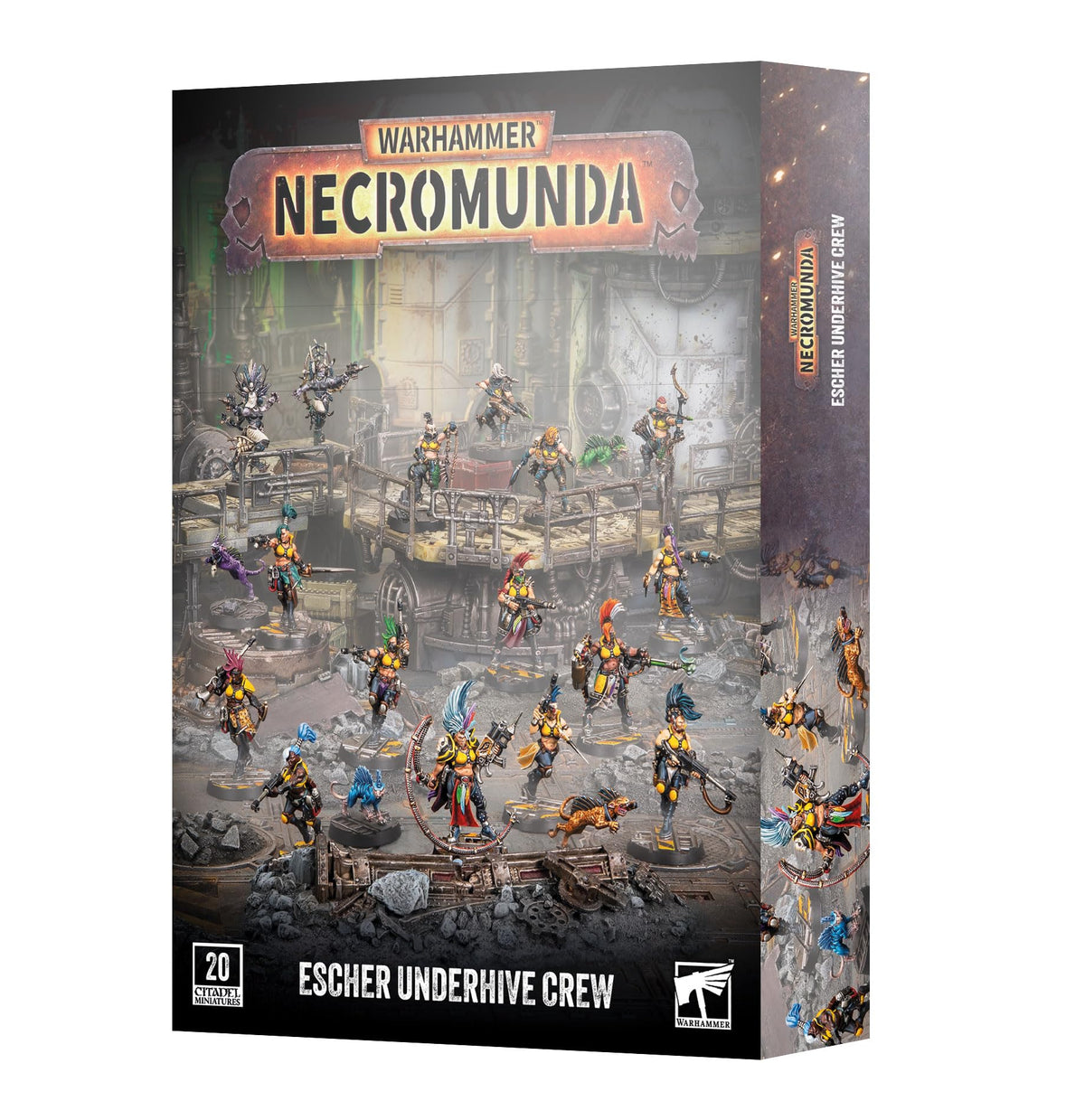 Warhammer Necromunda Escher Underhive Crew – 20 Plastic Miniatures Starter Gang with Weapons & Upgrades, Gang Fighters, Death-Maidens, WYLD Runners & Phelynx, Unpainted House Escher Set