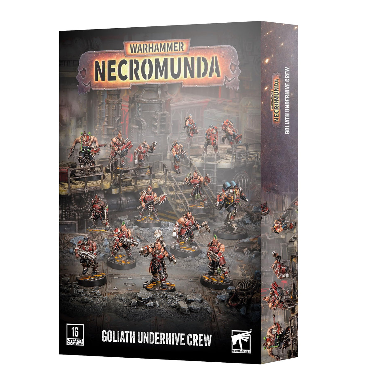 Warhammer Necromunda Goliath Underhive Crew – 16 Plastic Miniatures Starter Gang with Weapons & Upgrades, Gang Fighters, Stimmers & Forge-Born, Unpainted House Goliath Set