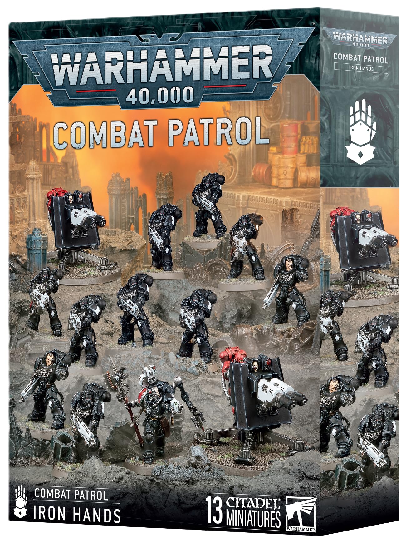 Warhammer 40K: Combat Patrol – Iron Hands Space Marines Miniatures with Techmarine, Heavy Intercessors, Firestrike Servo-Turrets, and Transfer Sheet