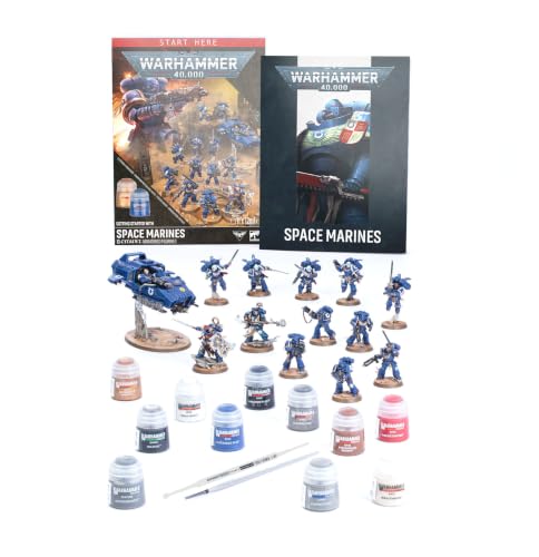 Warhammer 40,000 Getting Started with Space Marines – Combat Patrol Starter Set with 13 Push-Fit Miniatures, 11 Paints & Land Speeder
