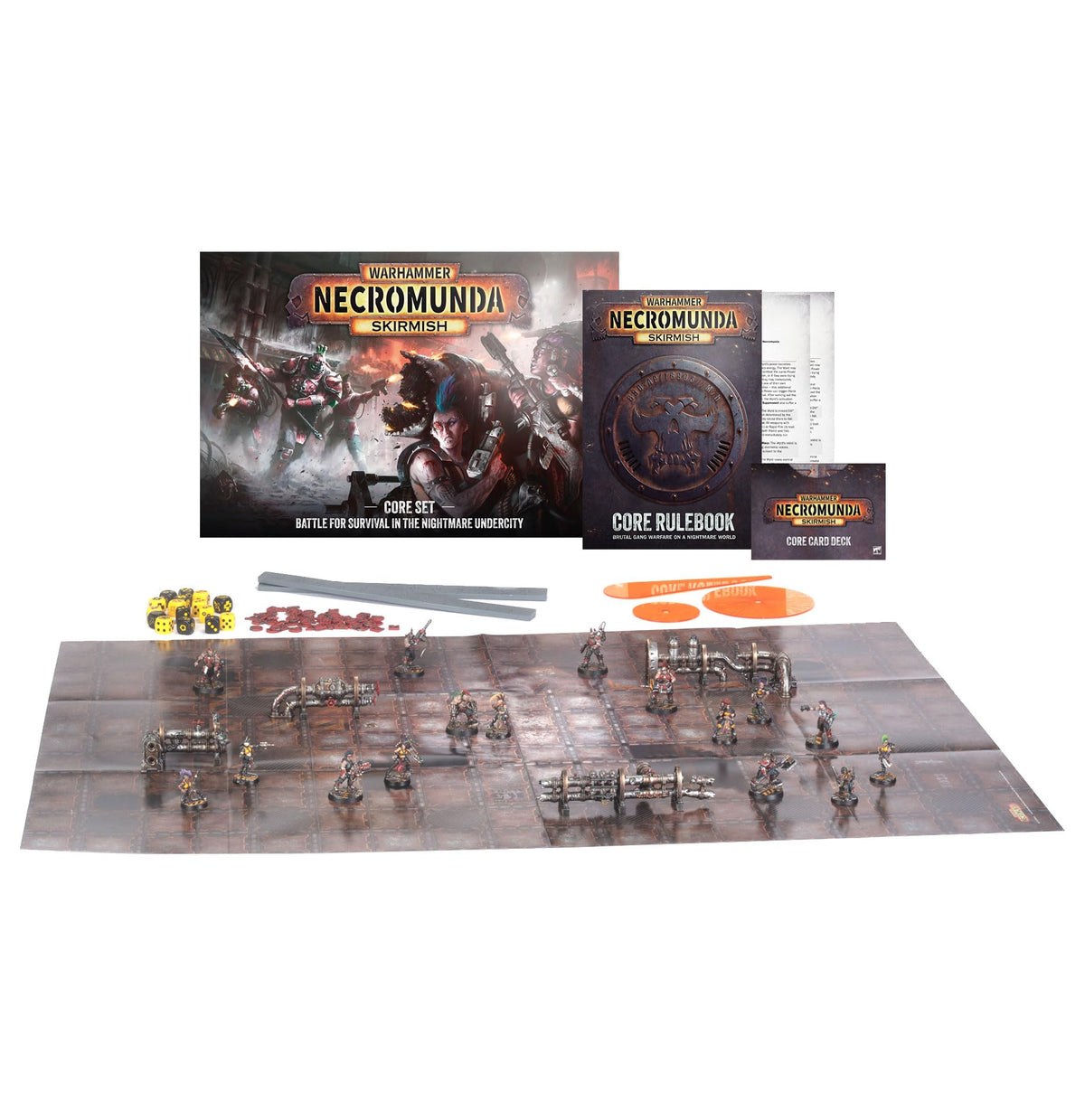 Warhammer Necromunda Skirmish Core Set – 2 Starter Gangs, Escher Blades of the Matriarch & Goliath Forge Smelters, 16 Miniatures, Rulebook, Terrain, Play Mat, Cards & Gaming Accessories